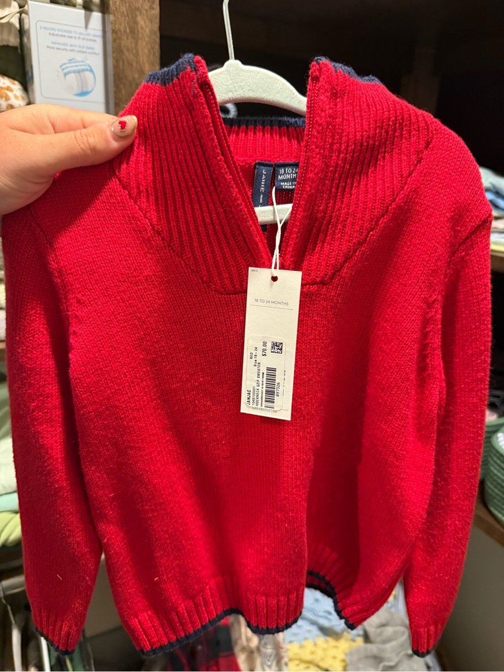Janie and Jack Red Knit Quarter-Zip Sweater with Navy Trim